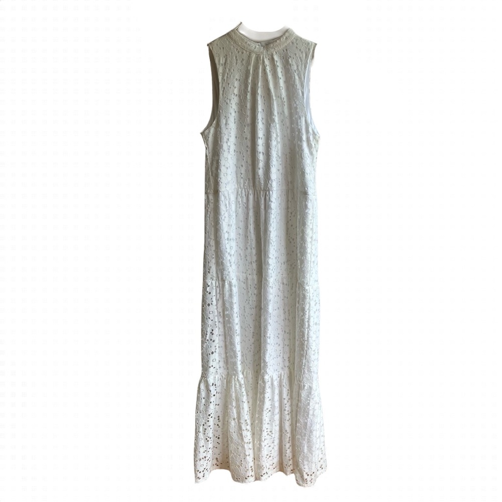 Donna Ricco White Eyelet Tiered Maxi Dress Size 4 Lace Bridal Sleeveless Resort